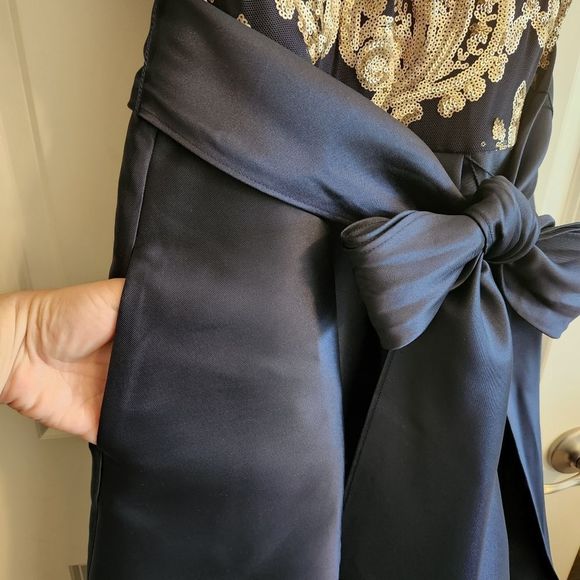 R&M Richards Blue and Gold Embellished Sequin Bow High Low Ball Gown Dress - Picture 9 of 12